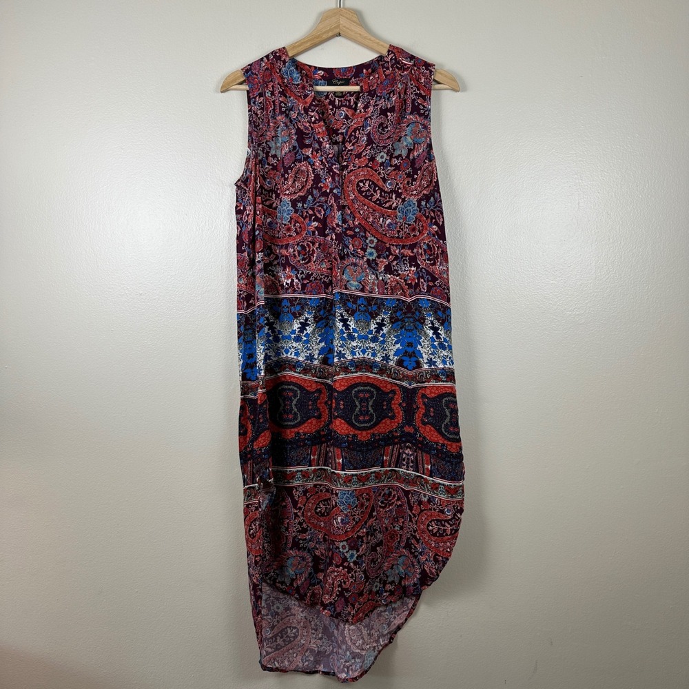 Cupio Women's‎ S/P High-Low Dress Burgundy Paisley Boho Sleeveless